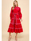 Red & Pink Tiered Scalloped Detail Long Sleeve Midi Dress