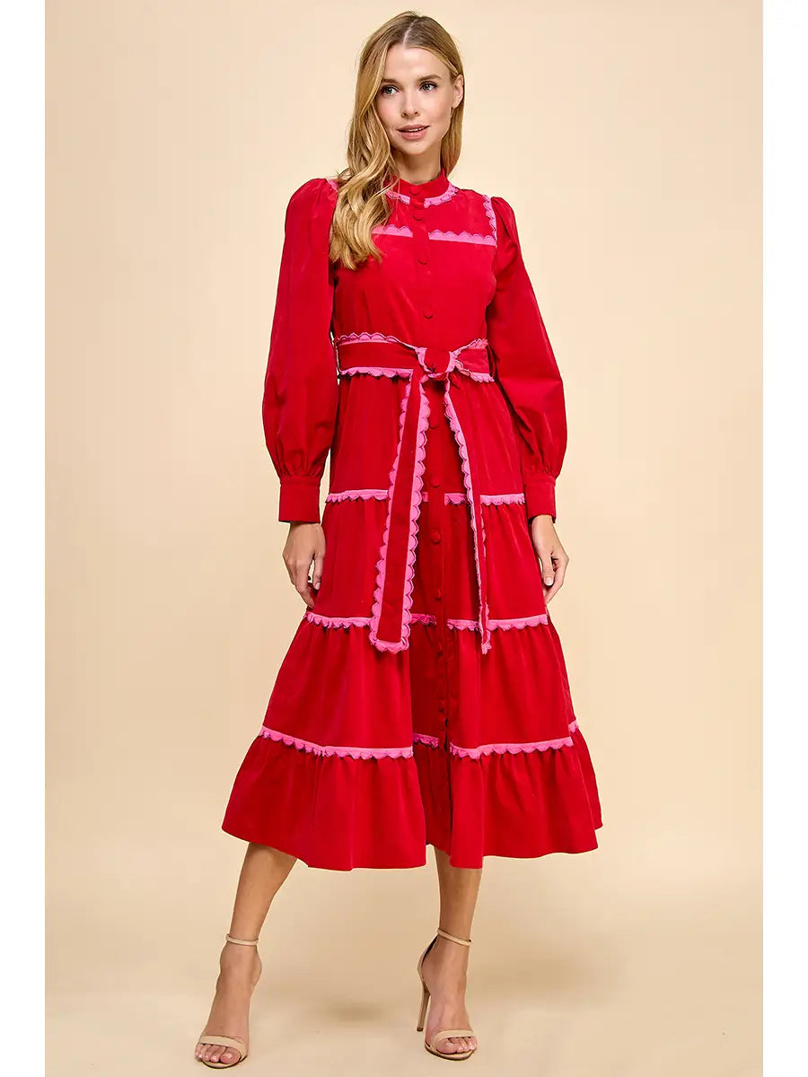 Red & Pink Tiered Scalloped Detail Long Sleeve Midi Dress