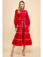 Red & Pink Tiered Scalloped Detail Long Sleeve Midi Dress