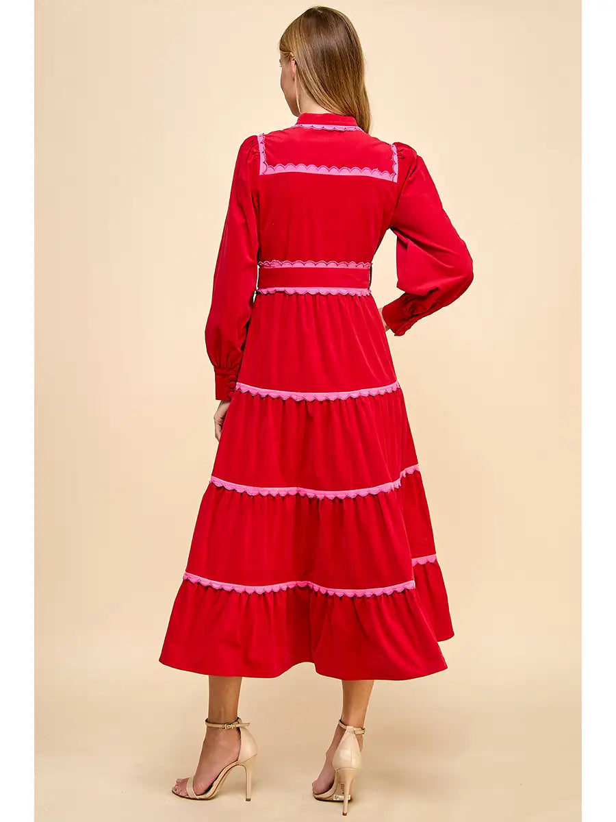 Red & Pink Tiered Scalloped Detail Long Sleeve Midi Dress