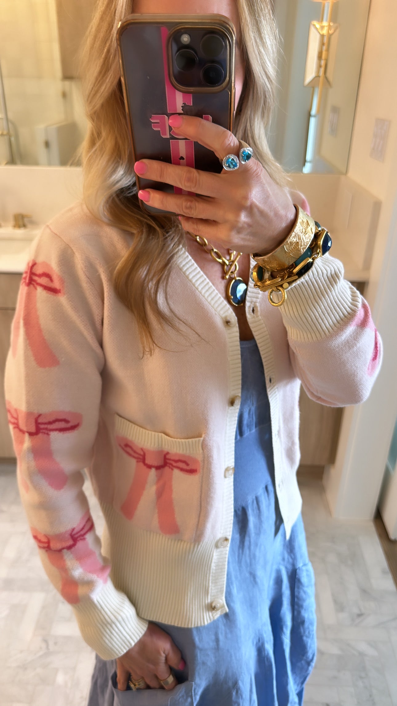 Cropped Knit Bow Cardigan with Pockets