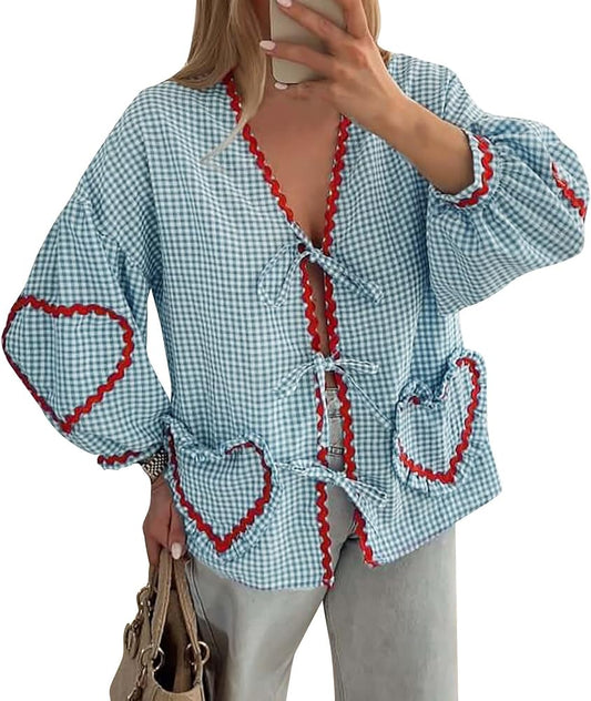 Blue Gingham/Red Ric Rac Tie Blouse