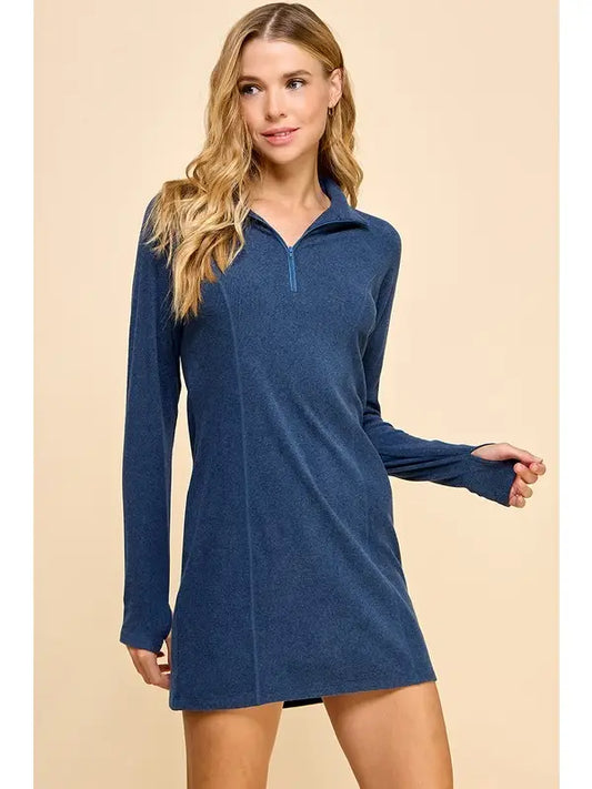 Navy Knit Fingerless Design Long Sleeves Dress