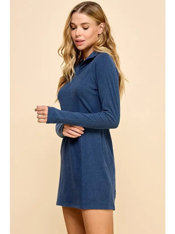 Navy Knit Fingerless Design Long Sleeves Dress