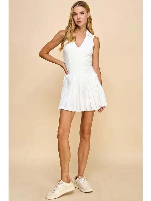 White V-Neckline Collared Athletic Dress