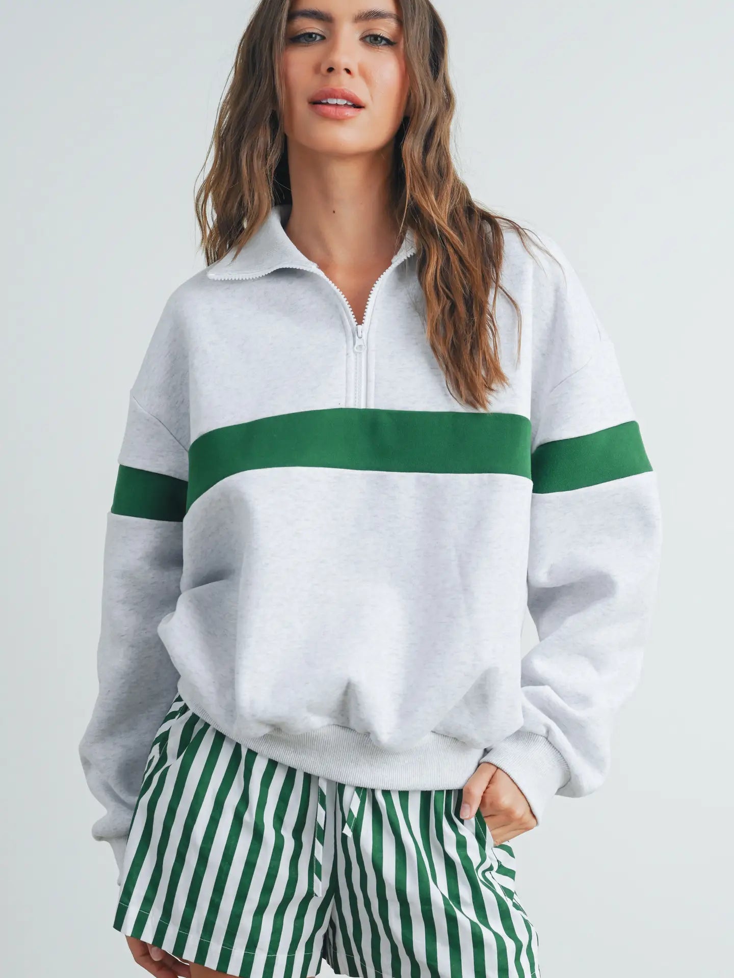 Green Two-Toned Half Zip Collar Sweatshirt -