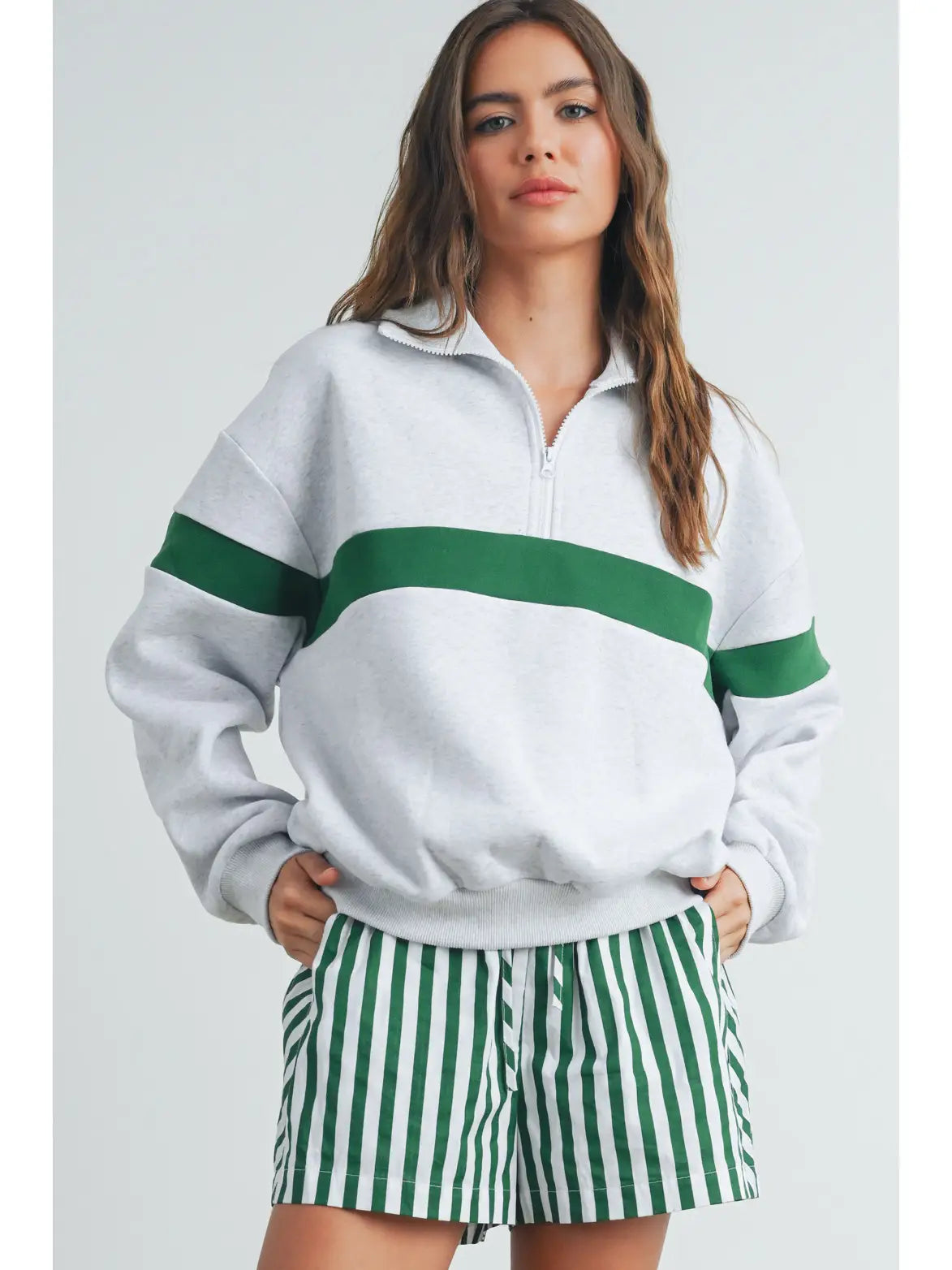 Green Two-Toned Half Zip Collar Sweatshirt -