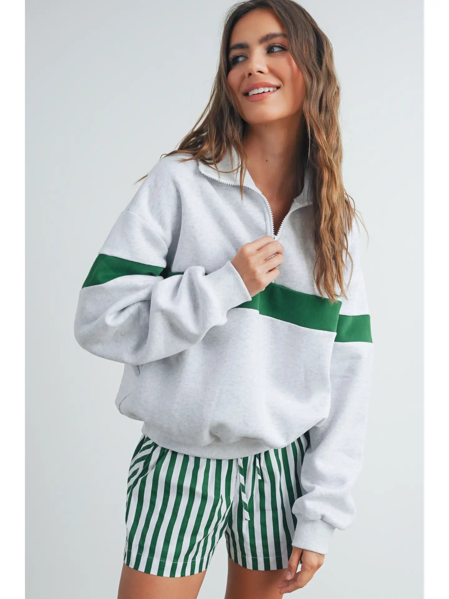 Green Two-Toned Half Zip Collar Sweatshirt -