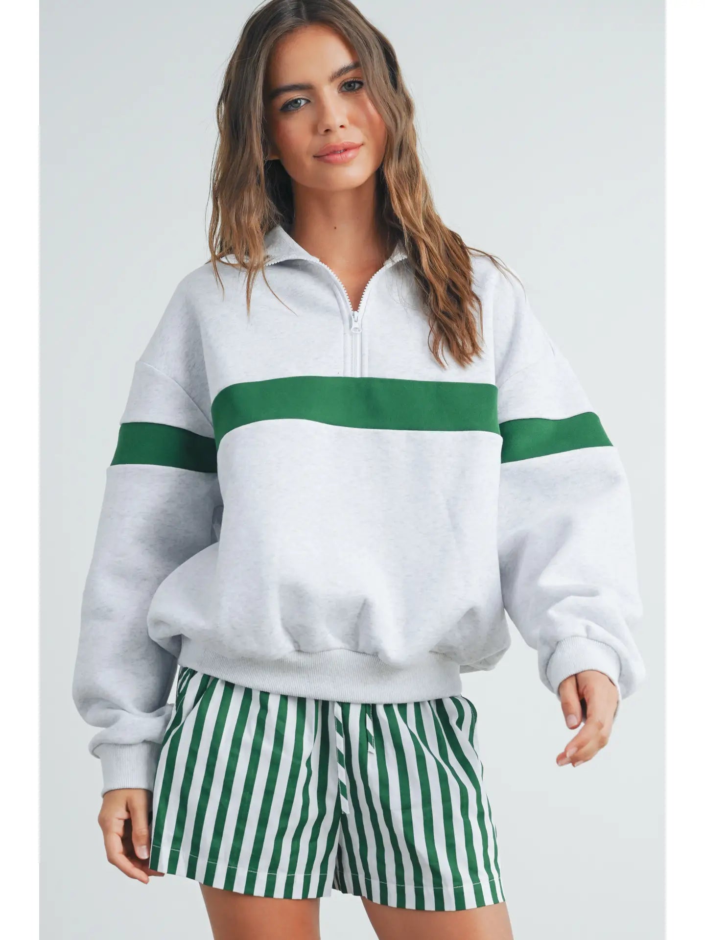 Green Two-Toned Half Zip Collar Sweatshirt -