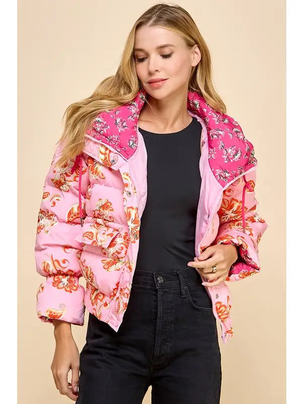 Pink Floral Print Puffer Hooded Jacket