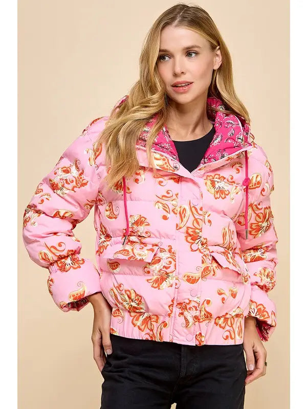 Pink Floral Print Puffer Hooded Jacket