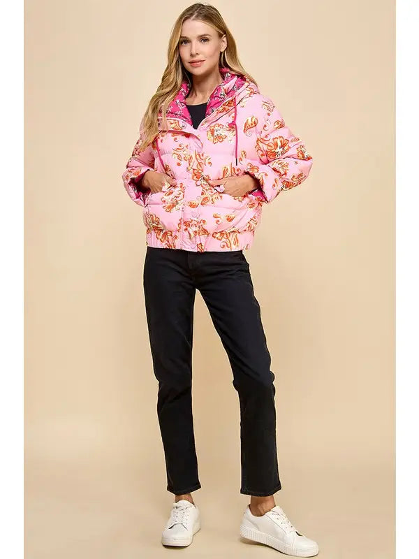 Pink Floral Print Puffer Hooded Jacket