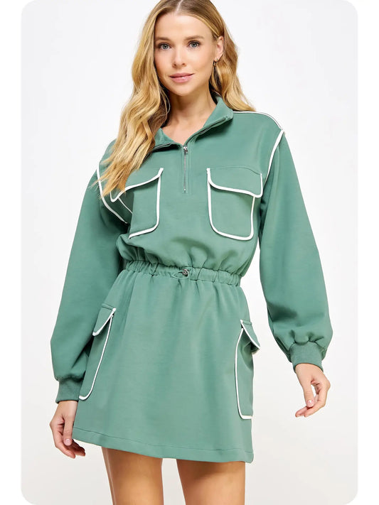 Evergreen Piping Contrast Cargo Mini Dress