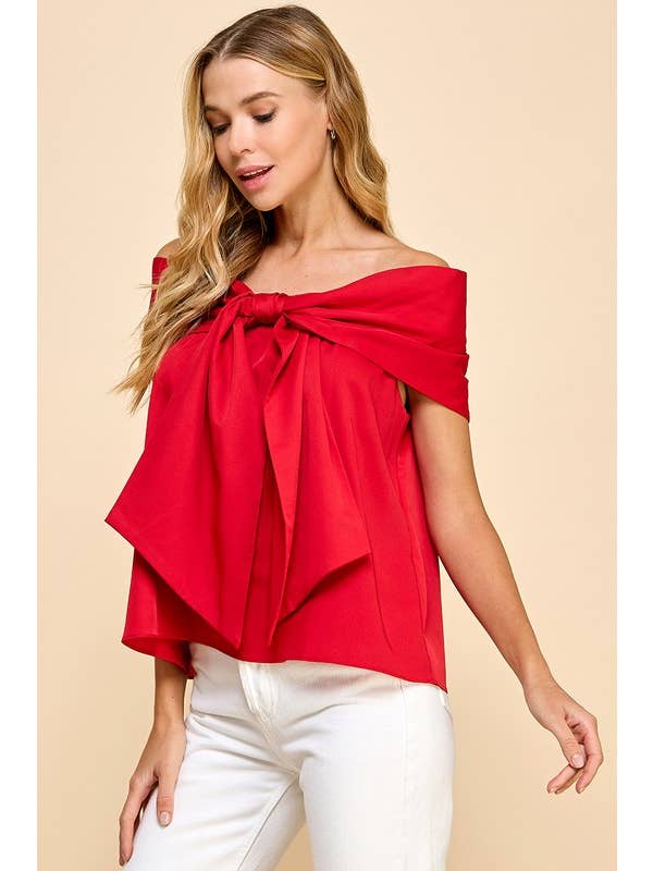 Red Bow Accented Off the Shoulder Top