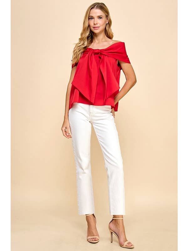 Red Bow Accented Off the Shoulder Top