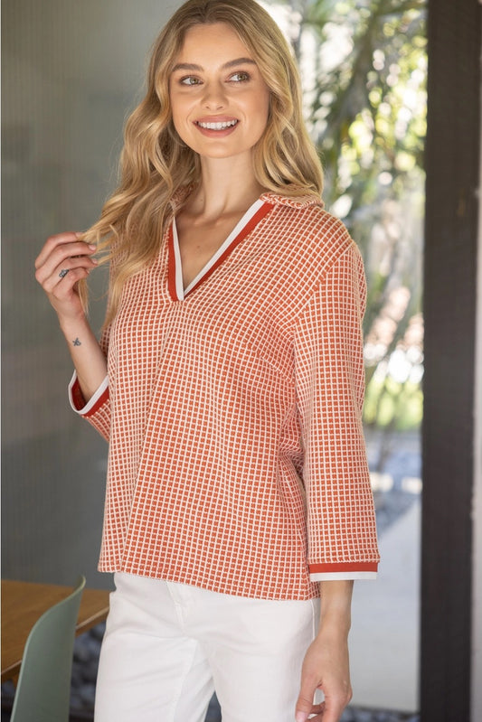 Rust Collared Contrast Stripe Band Gridded Top