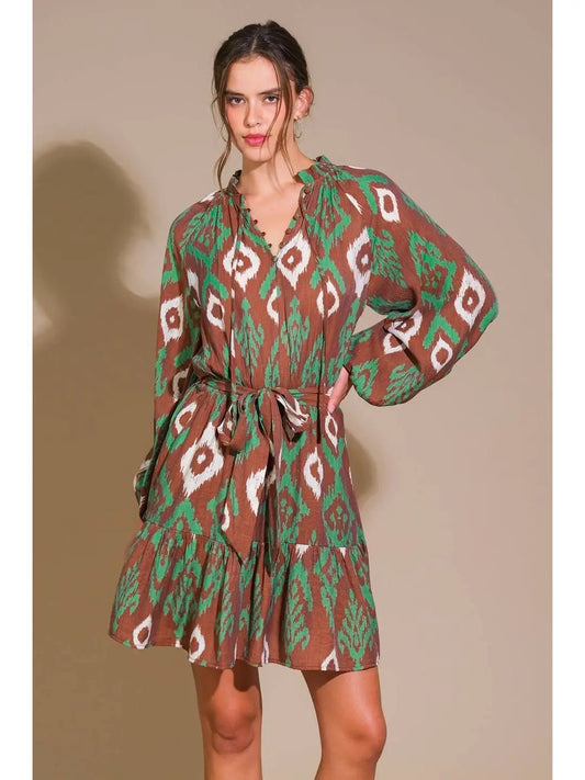 Green/Brown Printed Woven Mini Dress