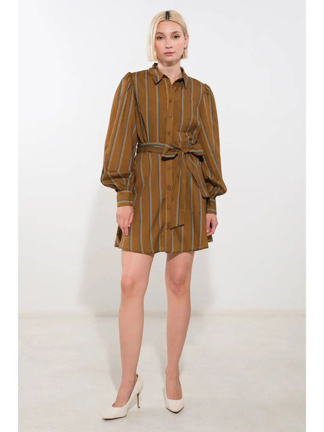 Brown Stripe Woven Mini Dress