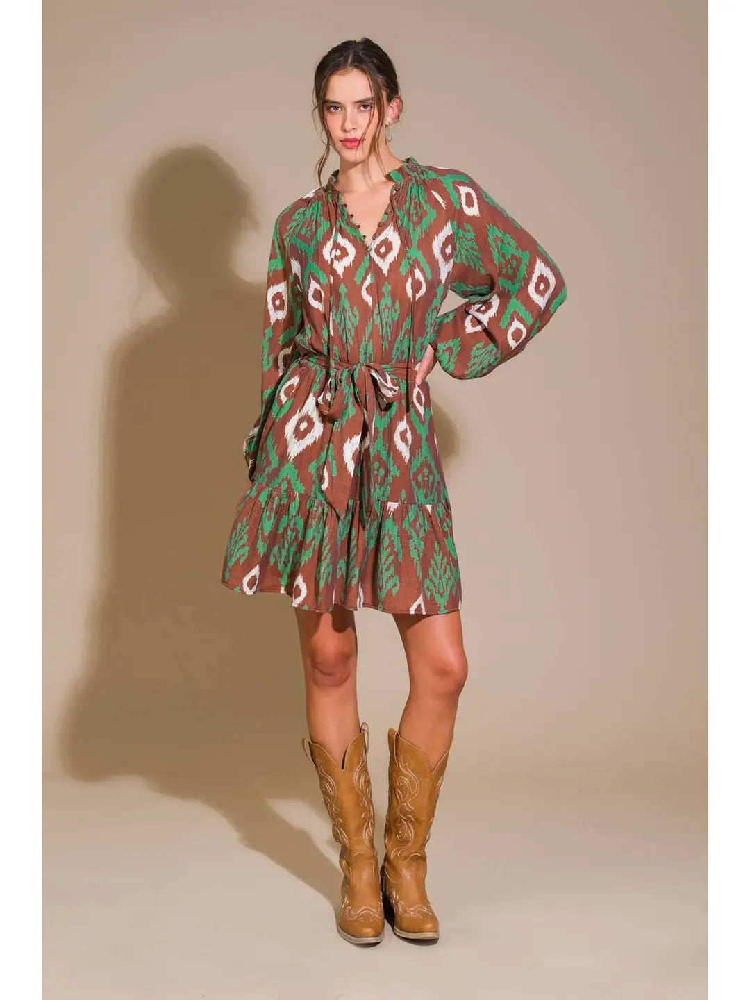 Green/Brown Printed Woven Mini Dress