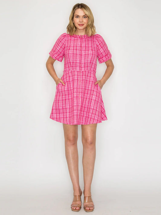 Pretty Pink Checker Boucle Mini Dress