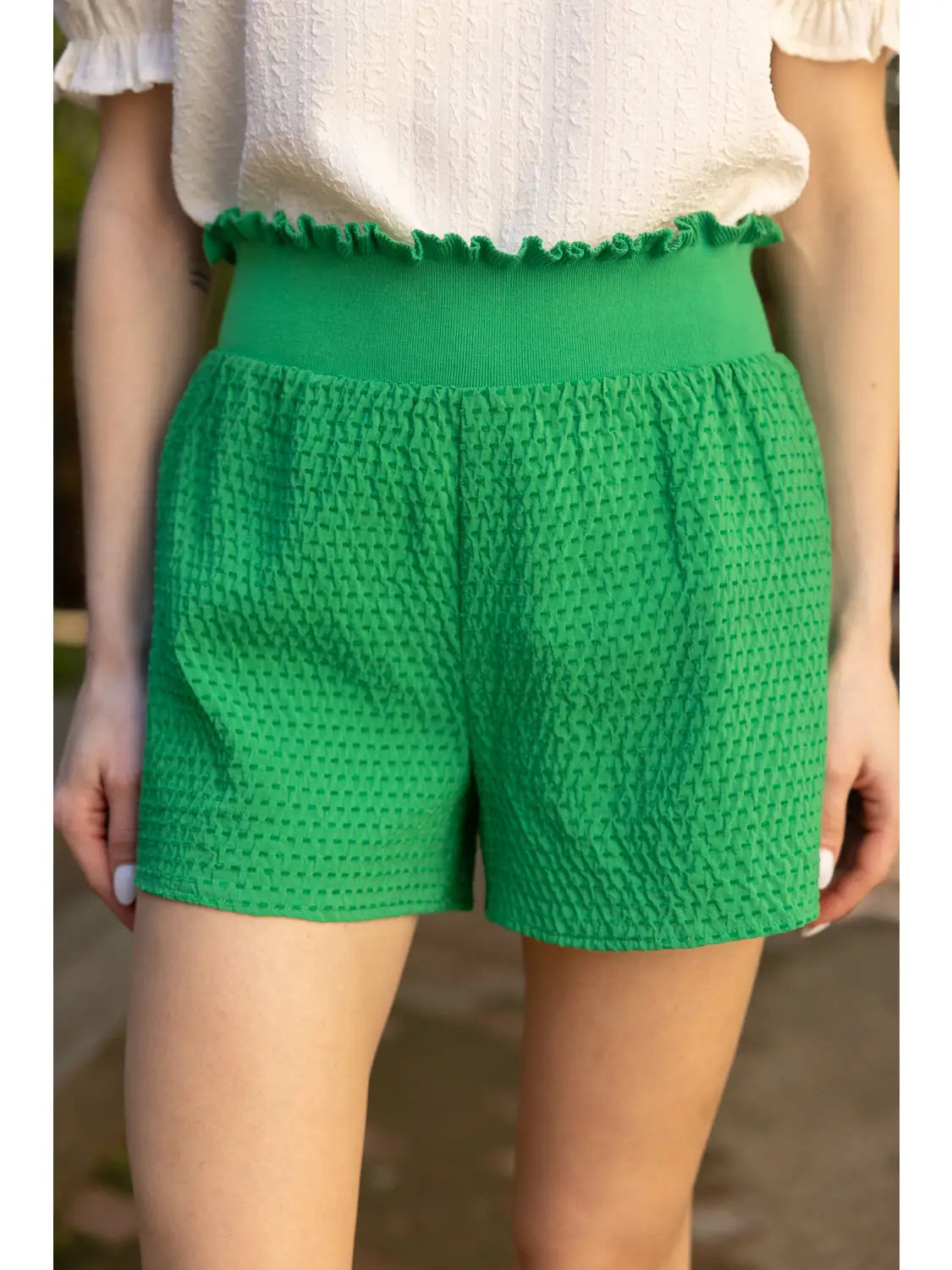 Green Wide Elastic Waist Textured Shorts