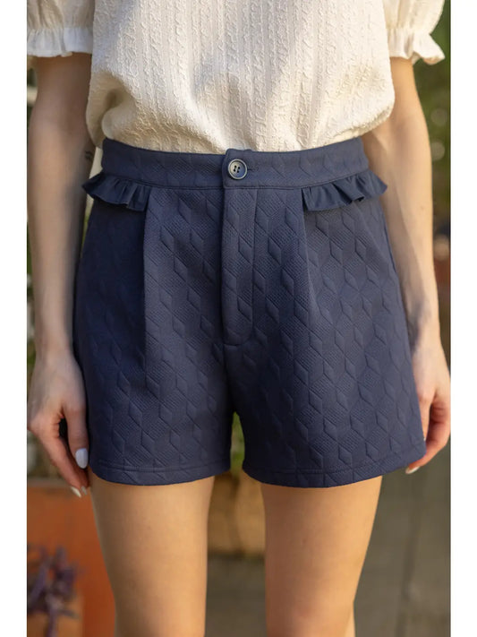 Navy Ruffle Detailed Textured Knit Shorts