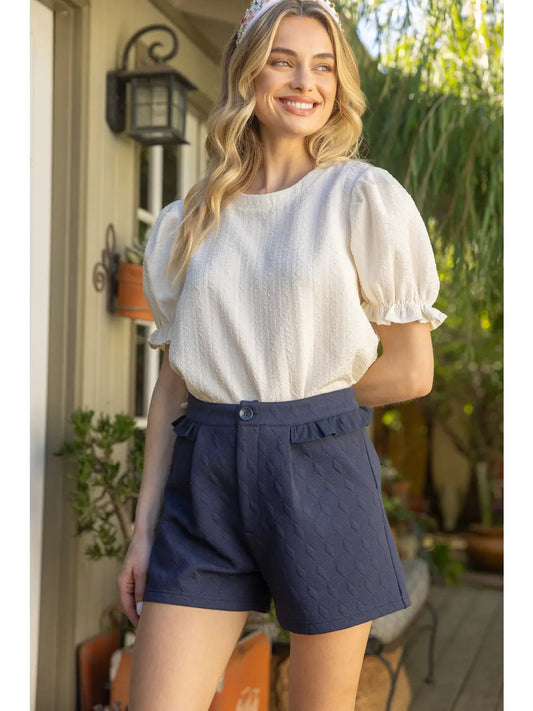 Navy Ruffle Detailed Textured Knit Shorts