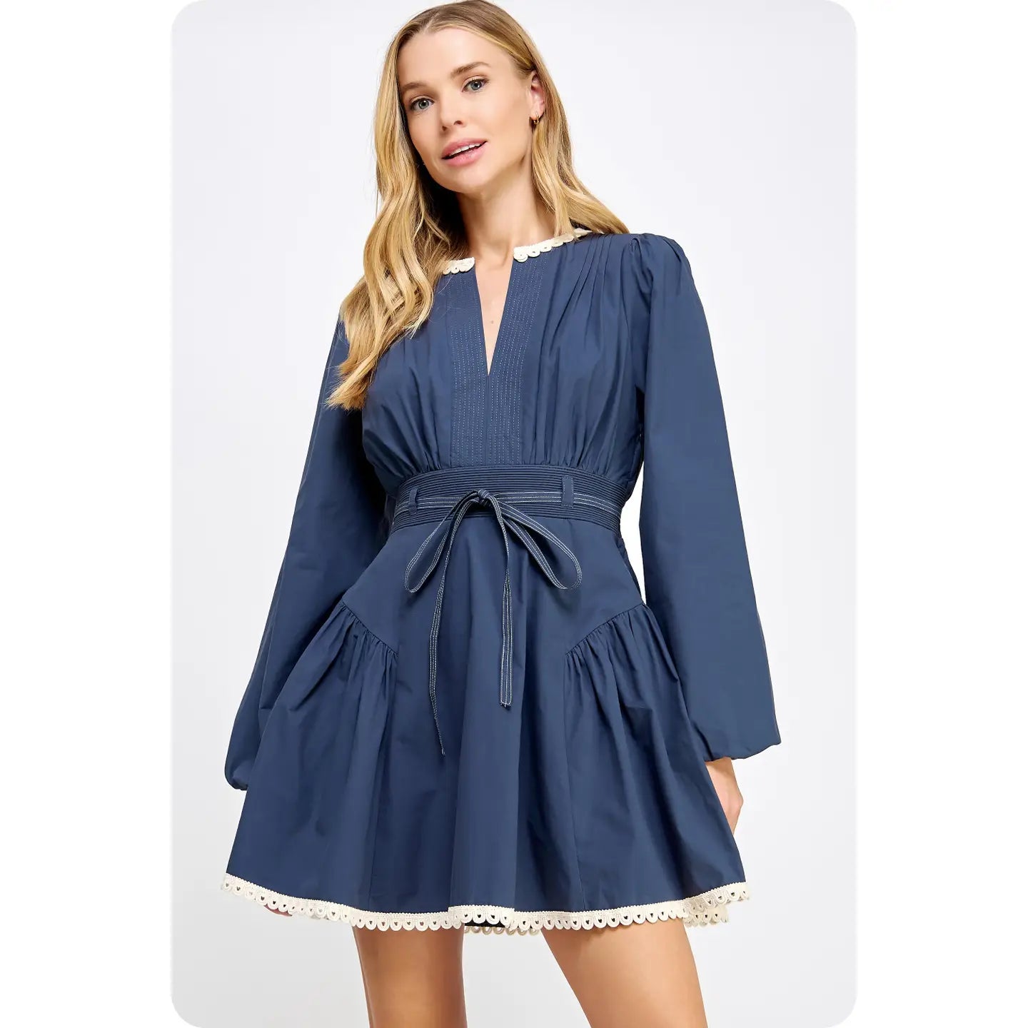 Navy Lace Trim Detail Poplin Mini Dress