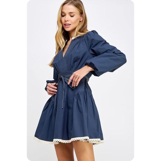 Navy Lace Trim Detail Poplin Mini Dress