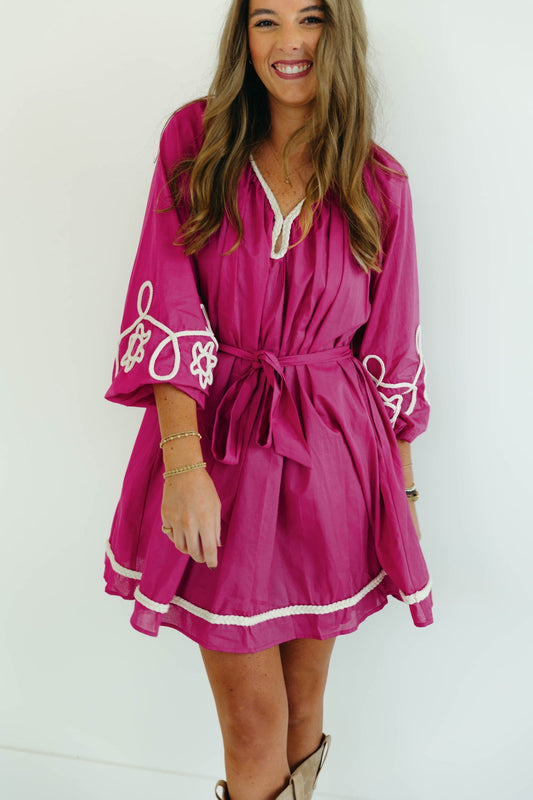 Magenta Braid Trim Voile Mini Dress