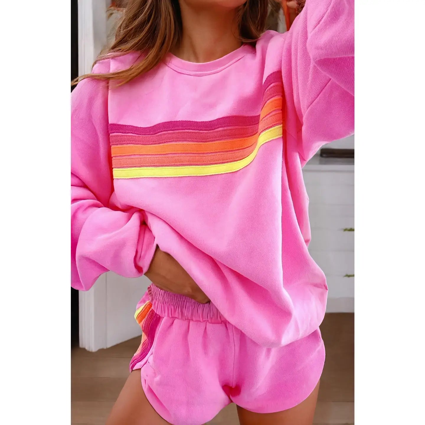 Pink Happy Color Contrast Top and Shorts Set