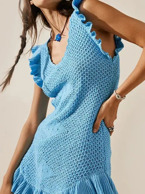 Low Cut Ruffle Crochet Knit Beach Cover Up Dress