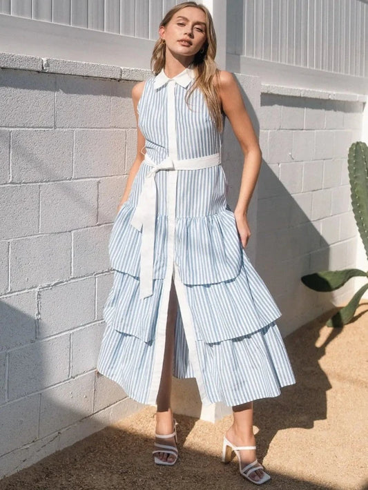 Riviera Rambler Blue & White Striped Tiered Collared Midi Dress