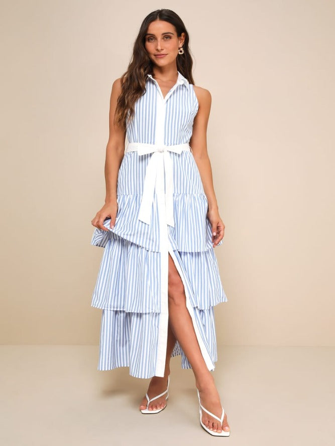 Riviera Rambler Blue & White Striped Tiered Collared Midi Dress