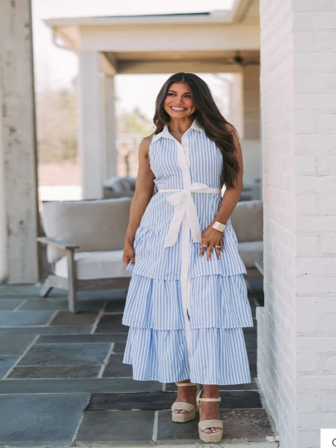 Riviera Rambler Blue & White Striped Tiered Collared Midi Dress