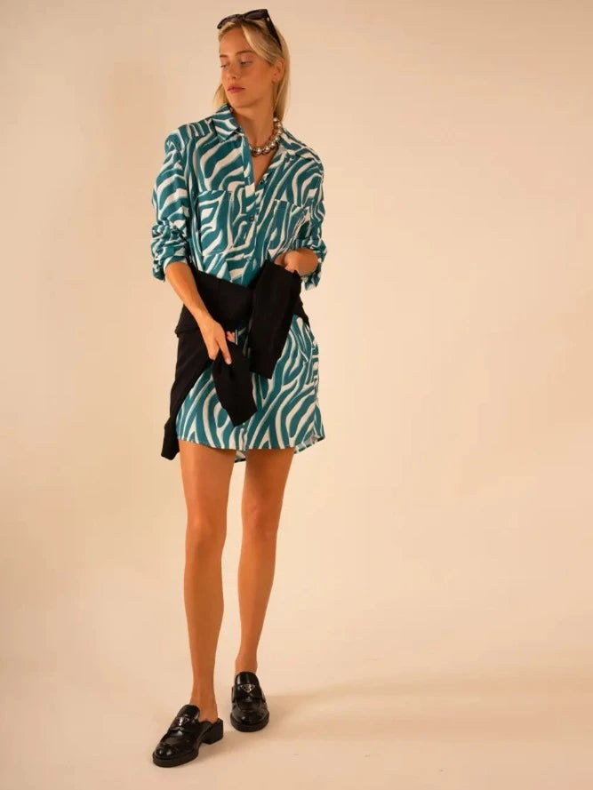 Shaded Teal Zebra Preslie Poplin Shirt Dress