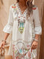 V-Neck Lace Panel Casual Vintage Print Dress