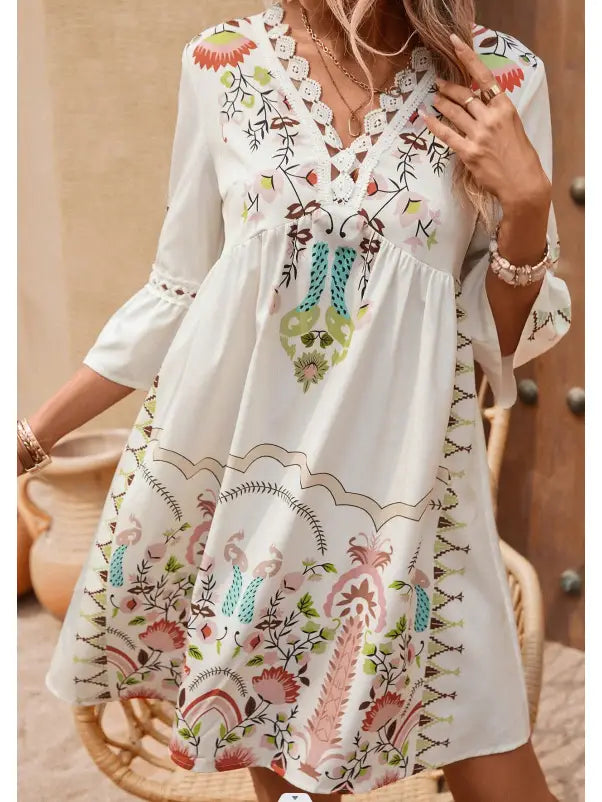 V-Neck Lace Panel Casual Vintage Print Dress