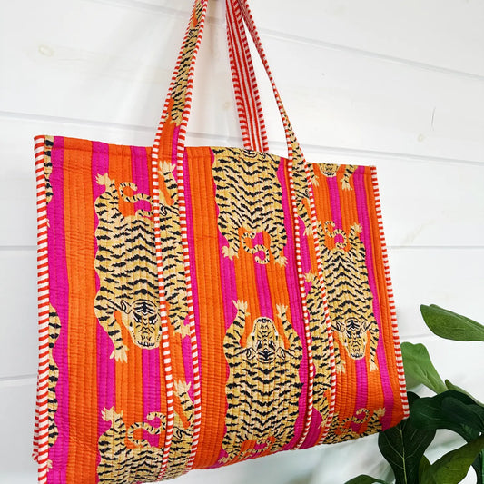 Cotton Quilted Block Print Tote Bag - Pink Orange Tiger