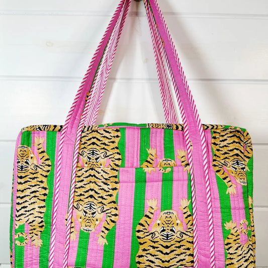 Quilted Weekender Overnight Travel Bag - Pink Green Tigers