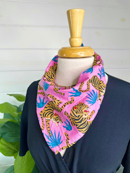 Tiger Print Bandana Handkerchief Cotton Scarf - Light Pink