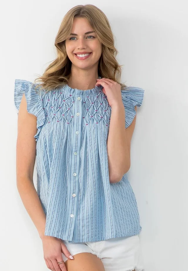 Powder Blue Seersucker Button Up Top