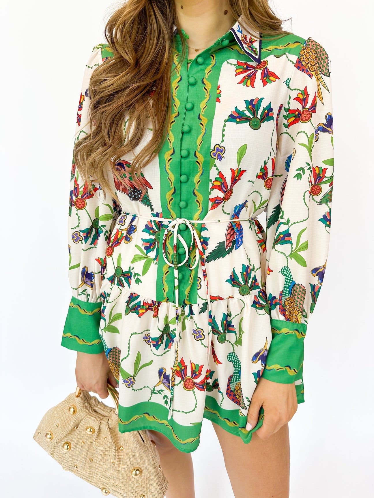 Layla Long Sleeve Green Print Mini Dress