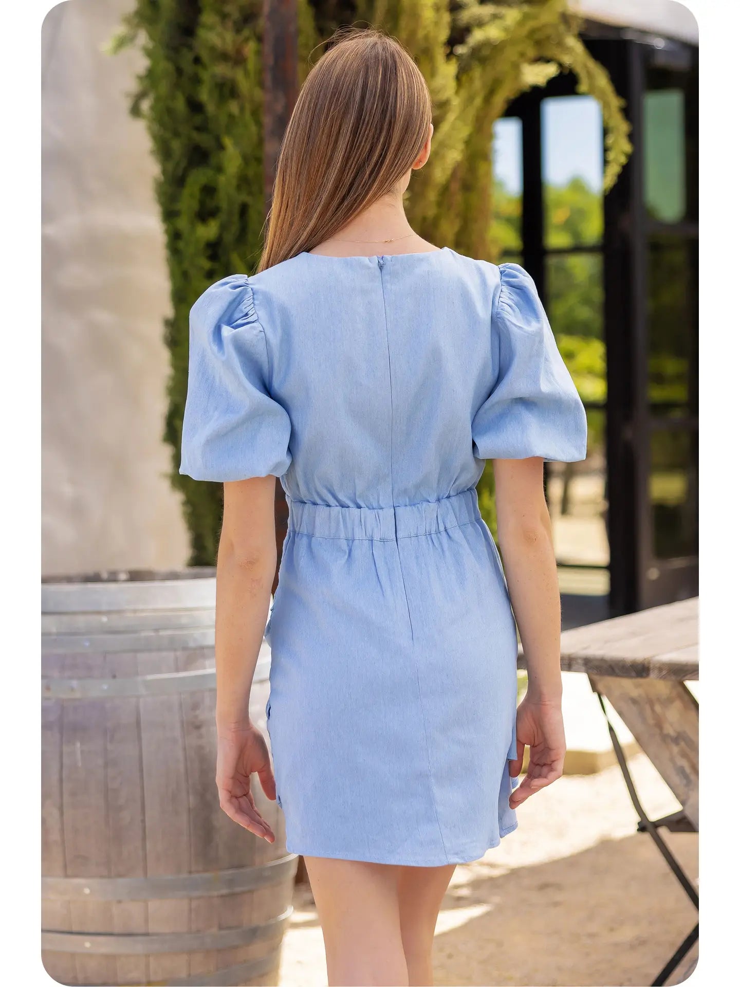 Ruched Short Puff Sleeve Denim Mini Dress