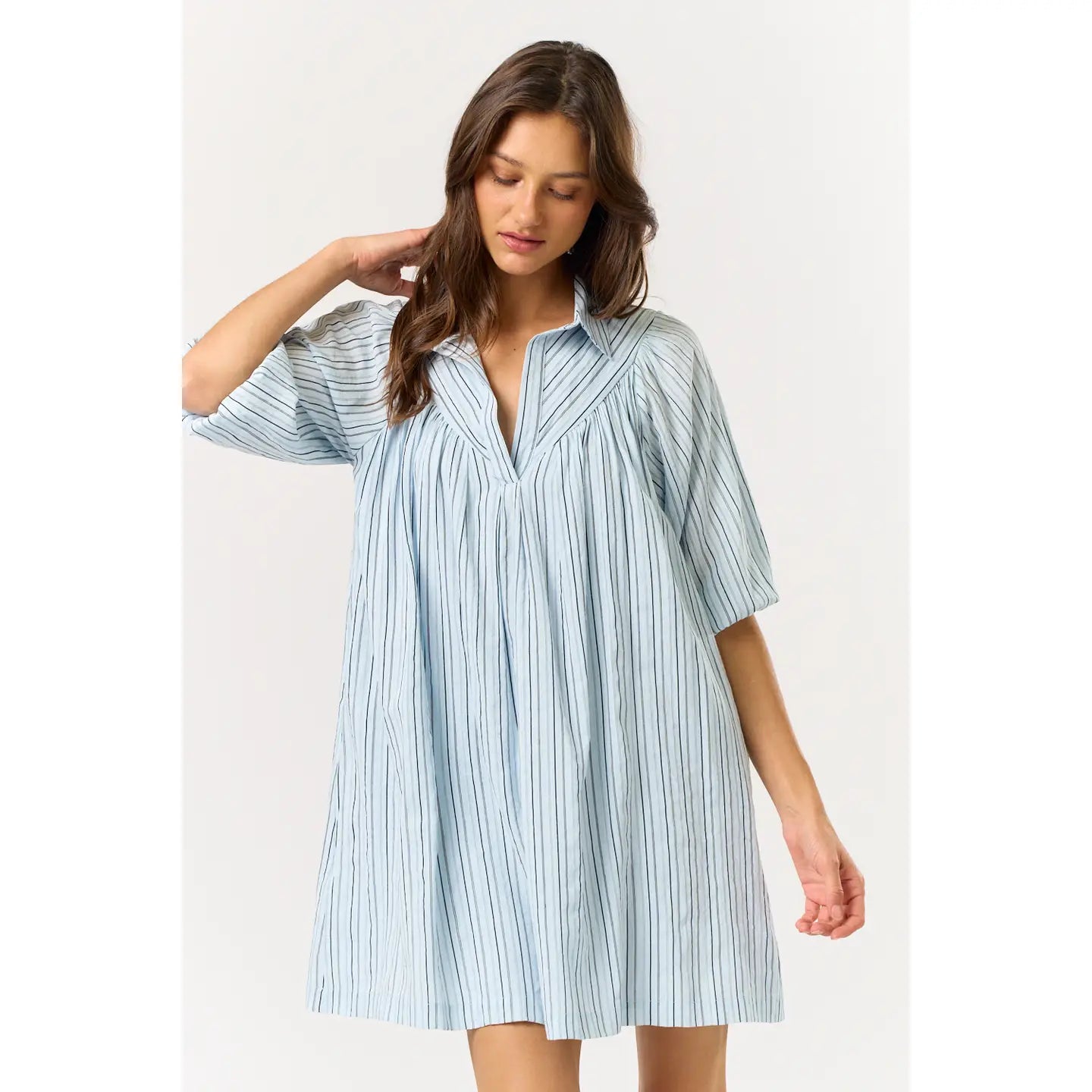 Powder Blue Puff Sleeve Striped Collared Shirt