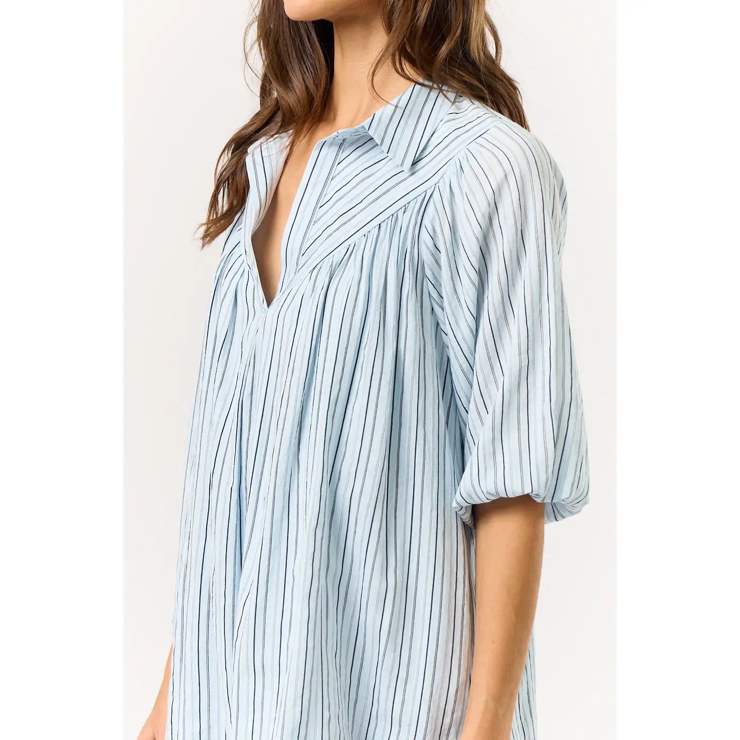Powder Blue Puff Sleeve Striped Collared Shirt