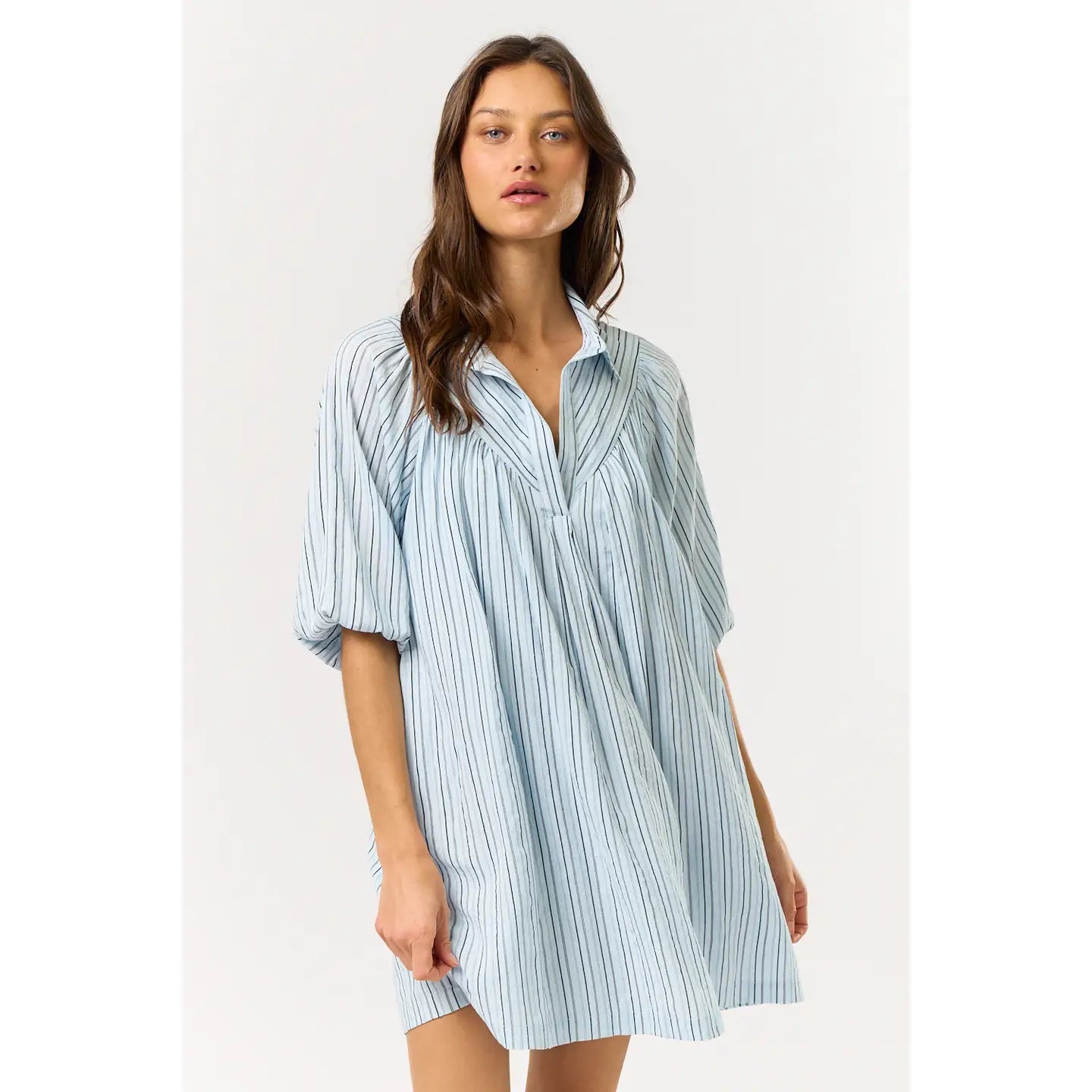 Powder Blue Puff Sleeve Striped Collared Shirt