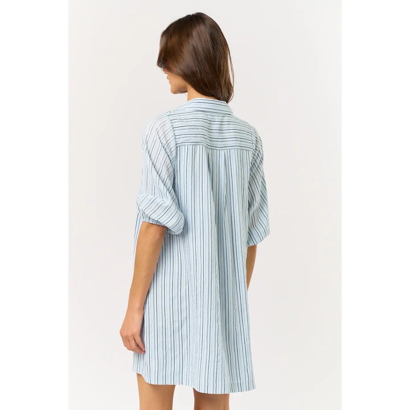 Powder Blue Puff Sleeve Striped Collared Shirt