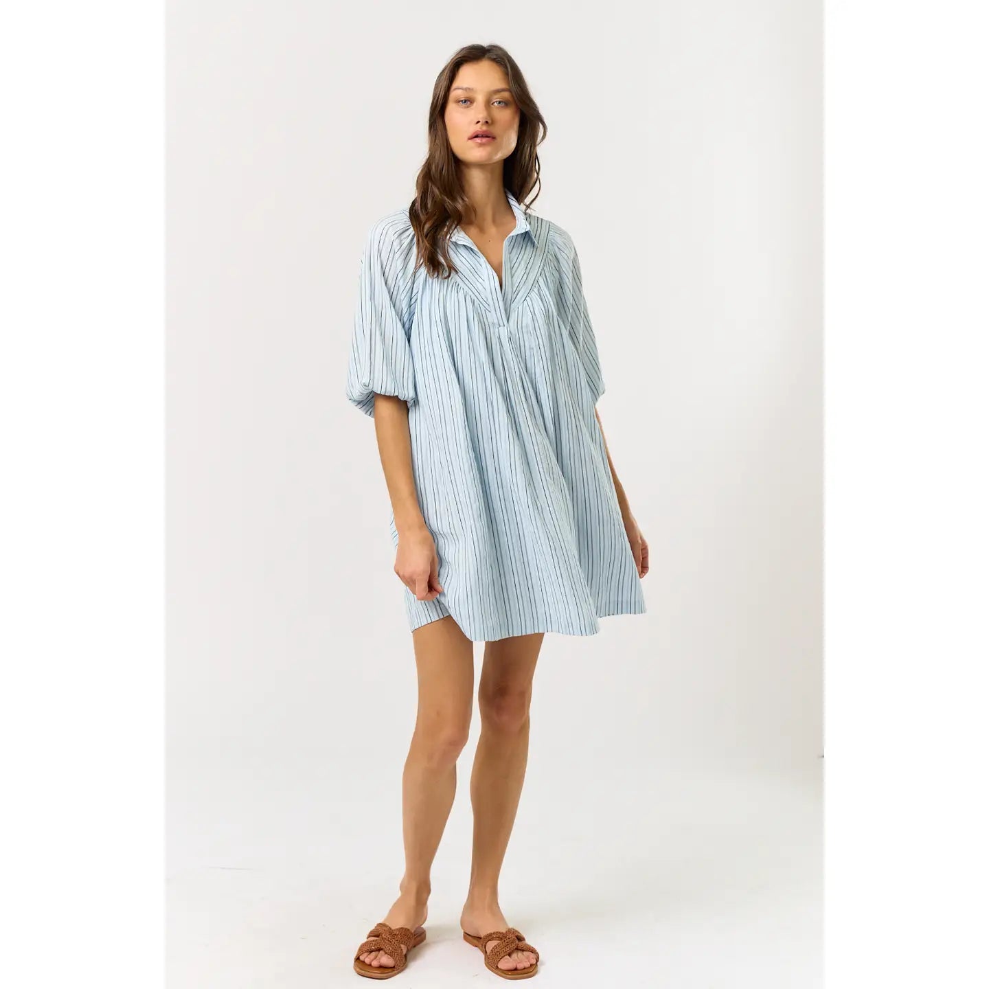 Powder Blue Puff Sleeve Striped Collared Shirt