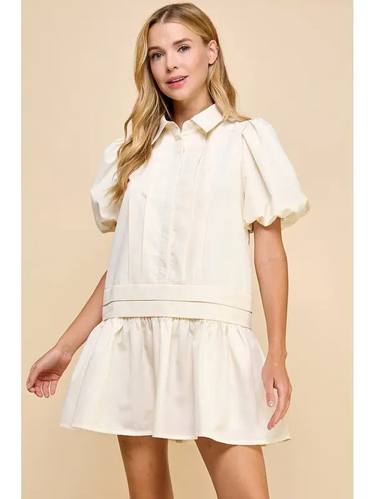 Pleat Detail Puff Sleeves Shirt Dress